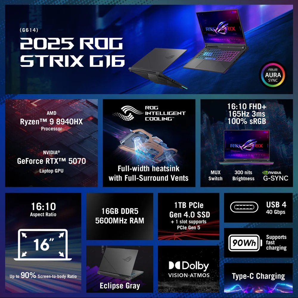 Notebook Gamer ASUS ROG Strix G16 Ryzen 9, 16GB RAM, RTX 5070, 1TB SSD, Tela 16"" 165Hz, Windows 11, Eclipse Gray - view 8