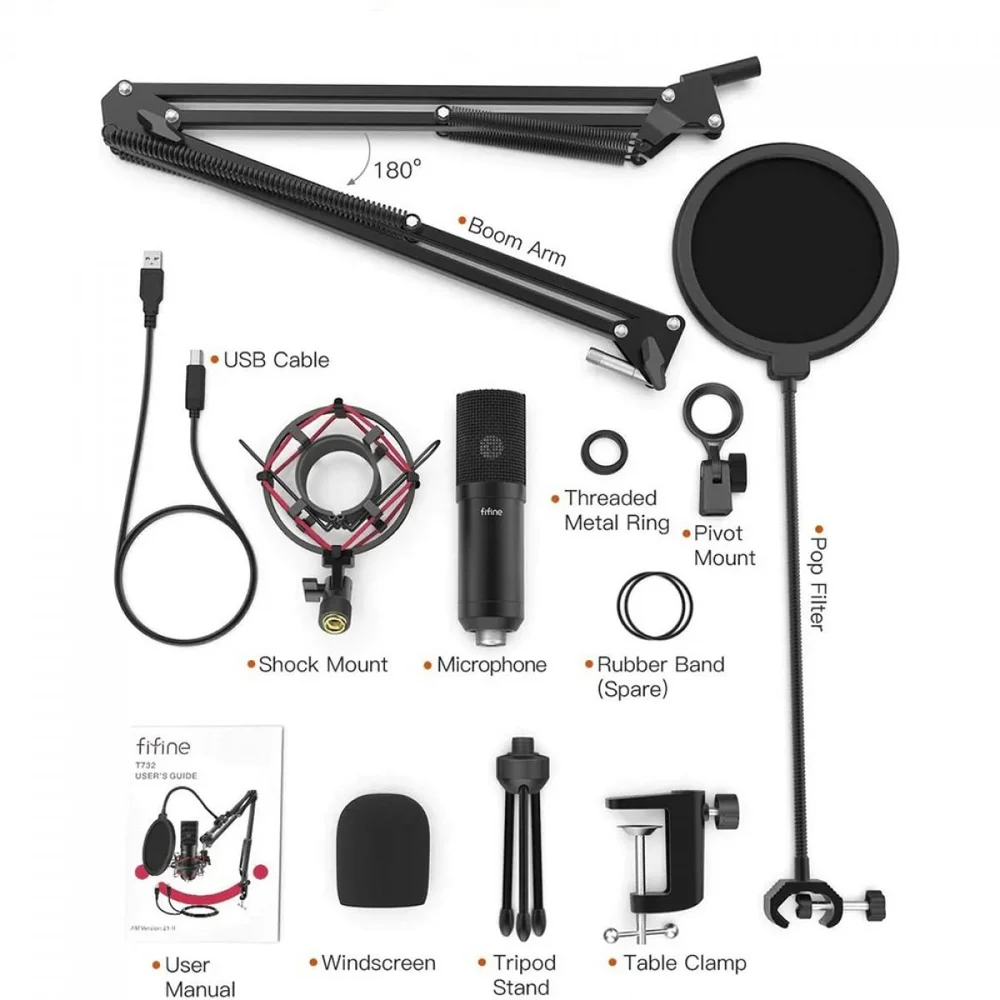 Imagem 3 de 5 do produto Kit De Microfone Condensador Fifine T732, Usb, Black, Com Braço Articulado
