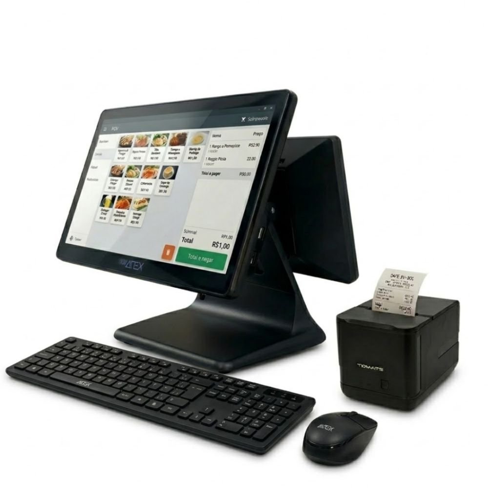 Kit Pdv Completo Computador All In One Tela Dupla Touchscreen  C Impressora 80mm  Teclado E Mouse Sem Fio
