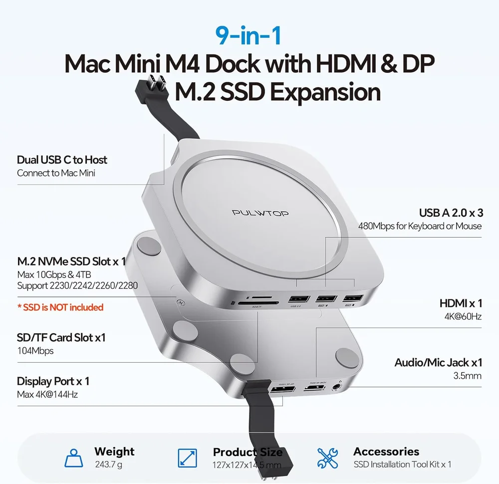 Imagem 4 de 5 do produto Dock Station Hub 9 Em 1 Usb-c Para Mac Mini M4/m4 Pro Dp 4k 144hz