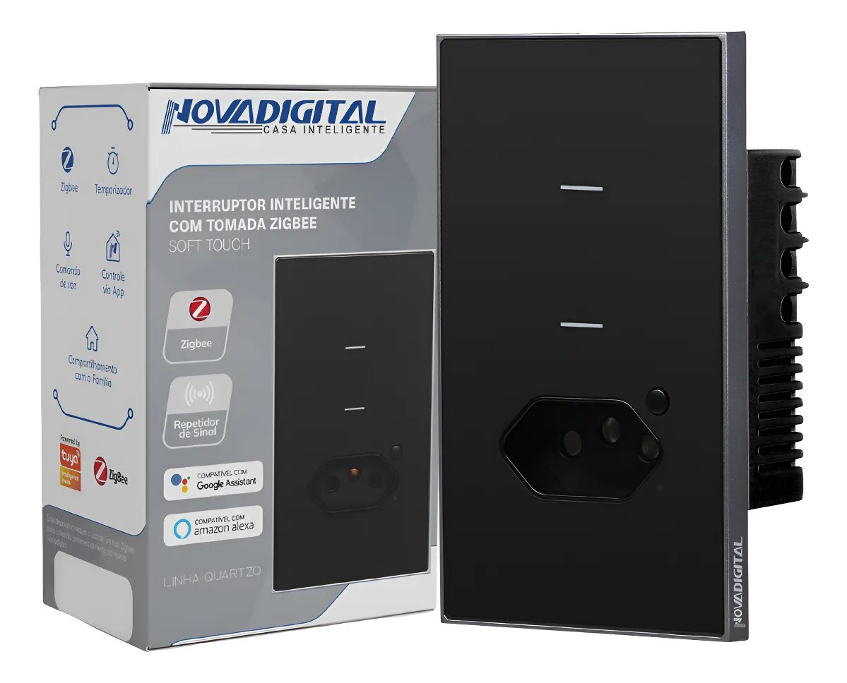 Interruptor Inteligente Zigbee Soft Touch 2 Teclas + Tomada Quartzo Da Novadigital Qz-wk-2b Preto