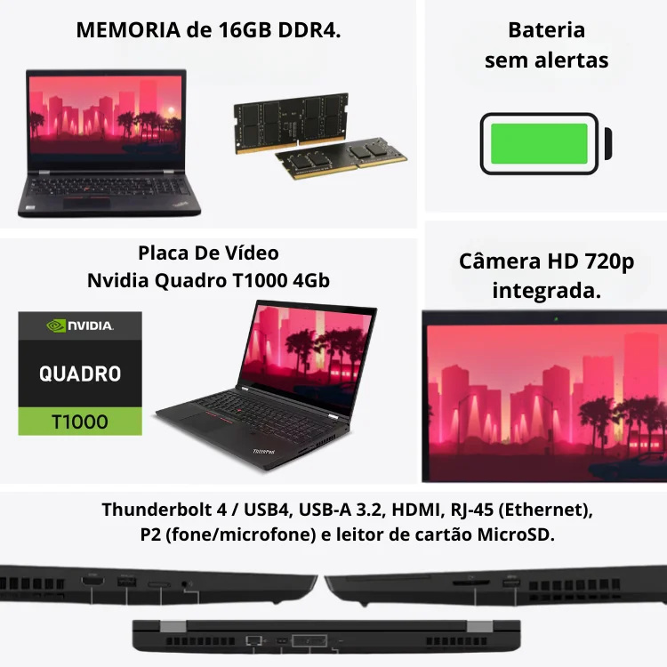 Usado Lenovo Thinkpad P15 Intel Core i7 16gb Ram SSD 512gb Tela Fhd 15.6" WINDOWS 11 Preto