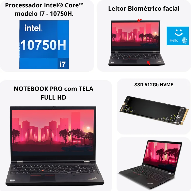 Usado Lenovo Thinkpad P15 Intel Core i7 16gb Ram SSD 512gb Tela Fhd 15.6" WINDOWS 11 Preto
