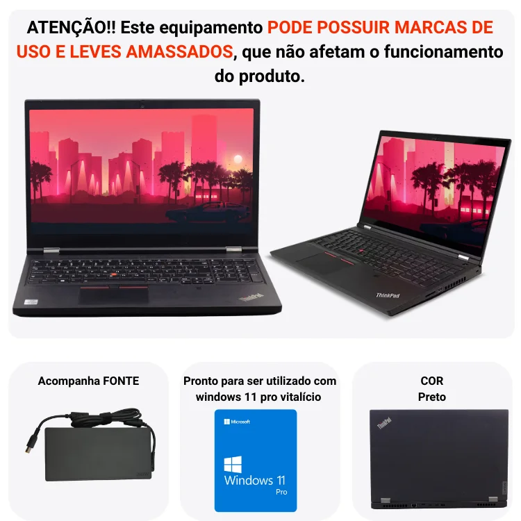Usado Lenovo Thinkpad P15 Intel Core i7 16gb Ram SSD 512gb Tela Fhd 15.6" WINDOWS 11 Preto