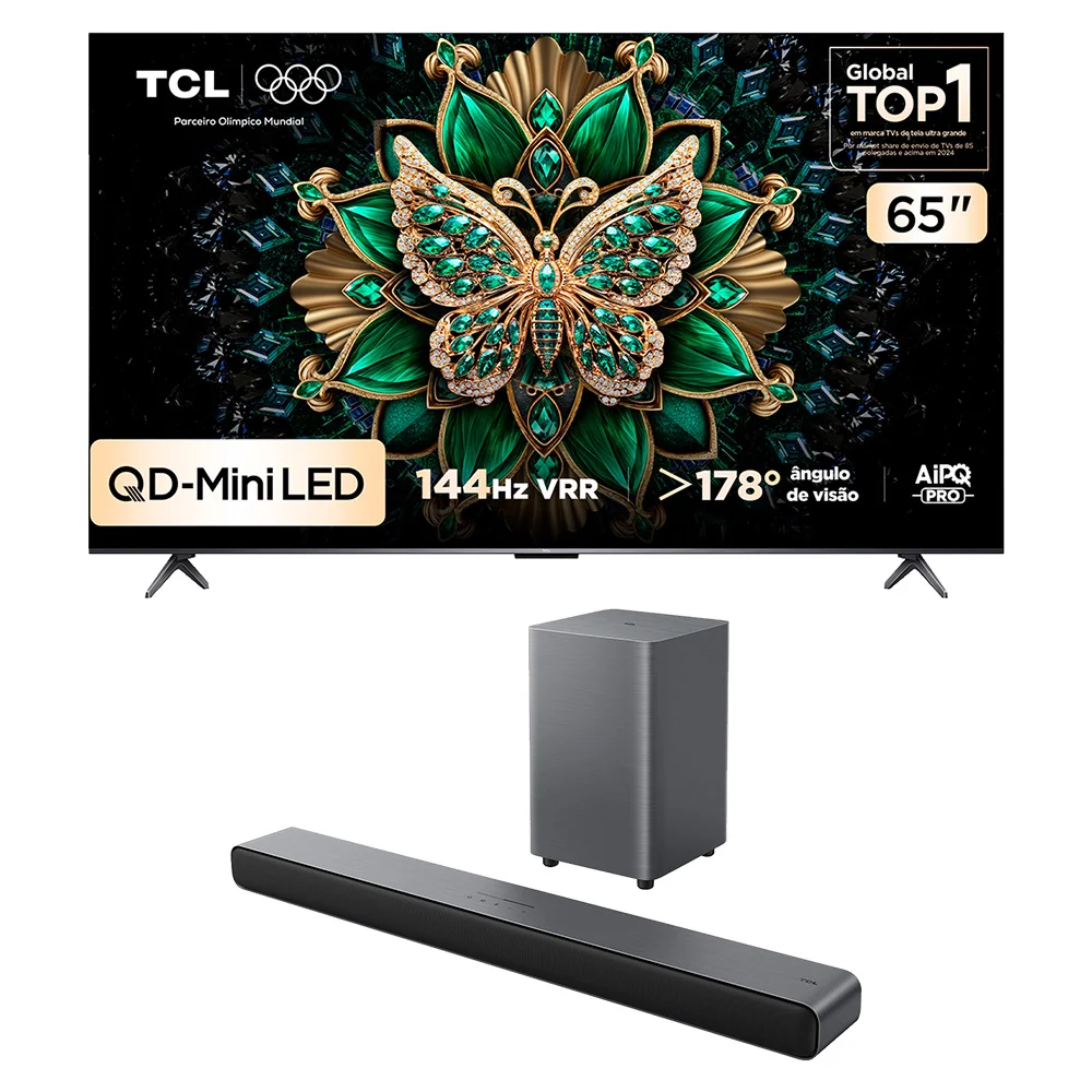 Combo Smart TV TCL 65 QD-Mini LED 4K C6K WiFi 144Hz 65C6K e Soundbar TCL Subwoofer 2.1 S55H