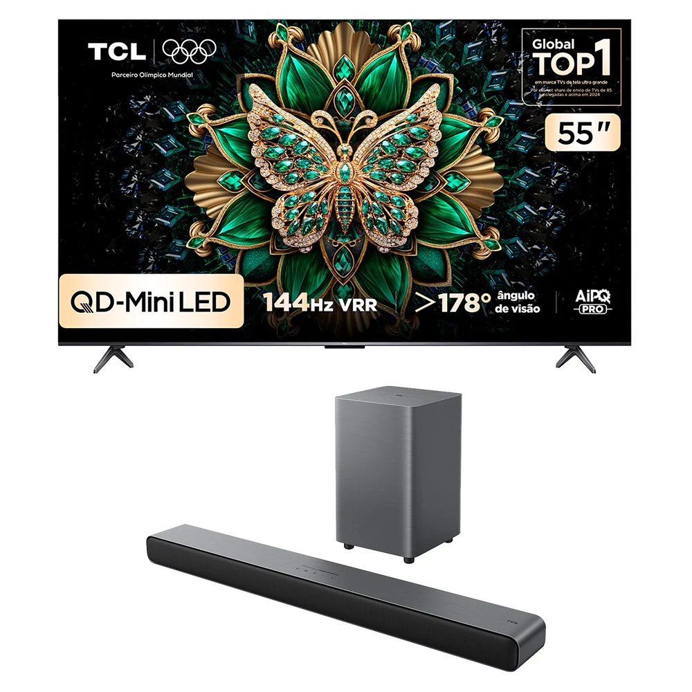 Combo Smart TV TCL 55 QD-Mini LED 4K C6K WiFi 144Hz 55C6K e Soundbar TCL Subwoofer 2.1 S55H