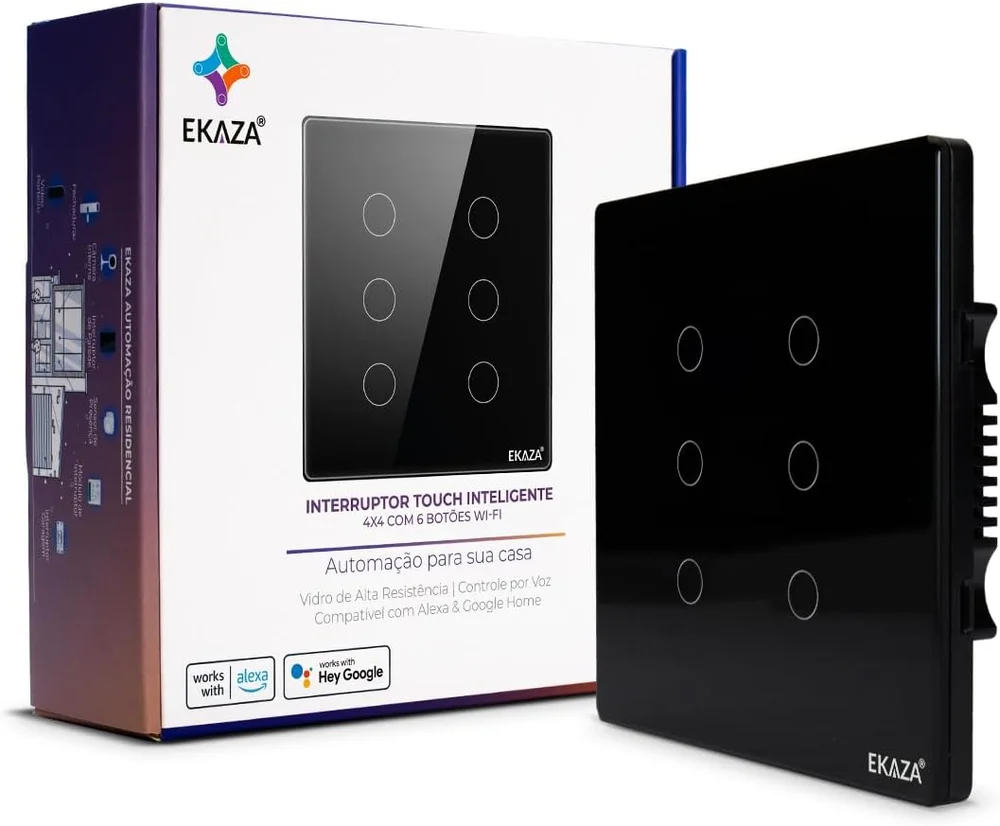 Interruptor Inteligente 6 Botões  4x4 Wifi Preto Compatível Google Home E Alexa Ekaza Ekat-t3074-6p