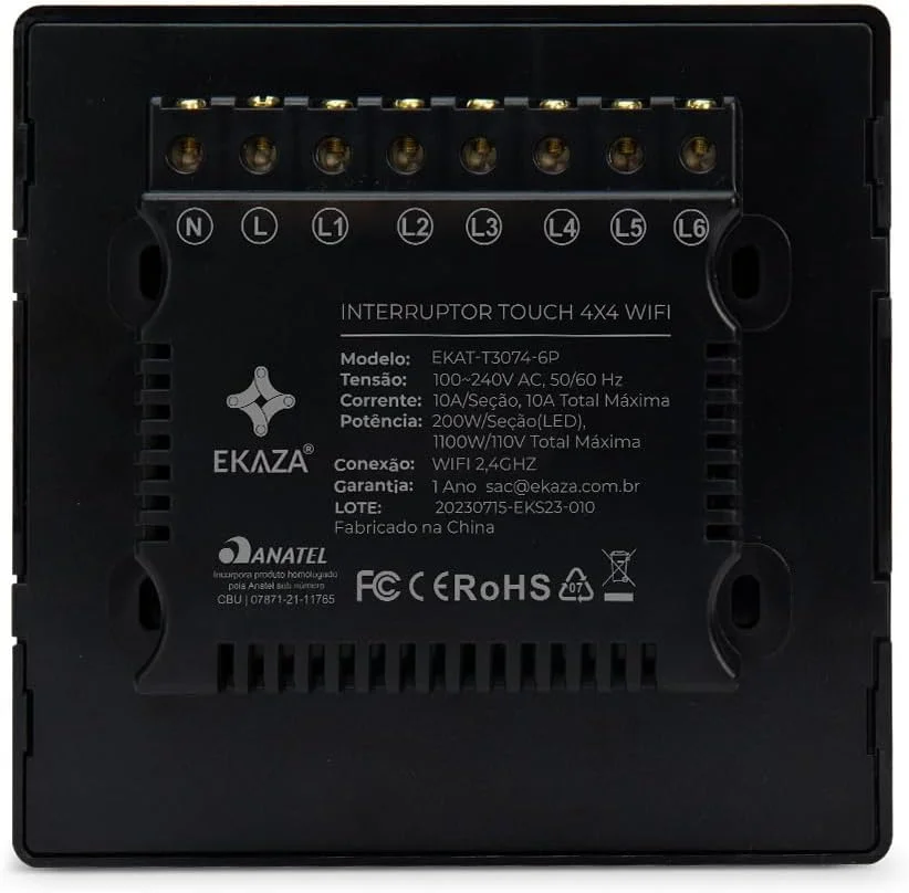 Imagem 2 de 5 do produto Interruptor Inteligente 6 Botões  4x4 Wifi Preto Compatível Google Home E Alexa Ekaza Ekat-t3074-6p