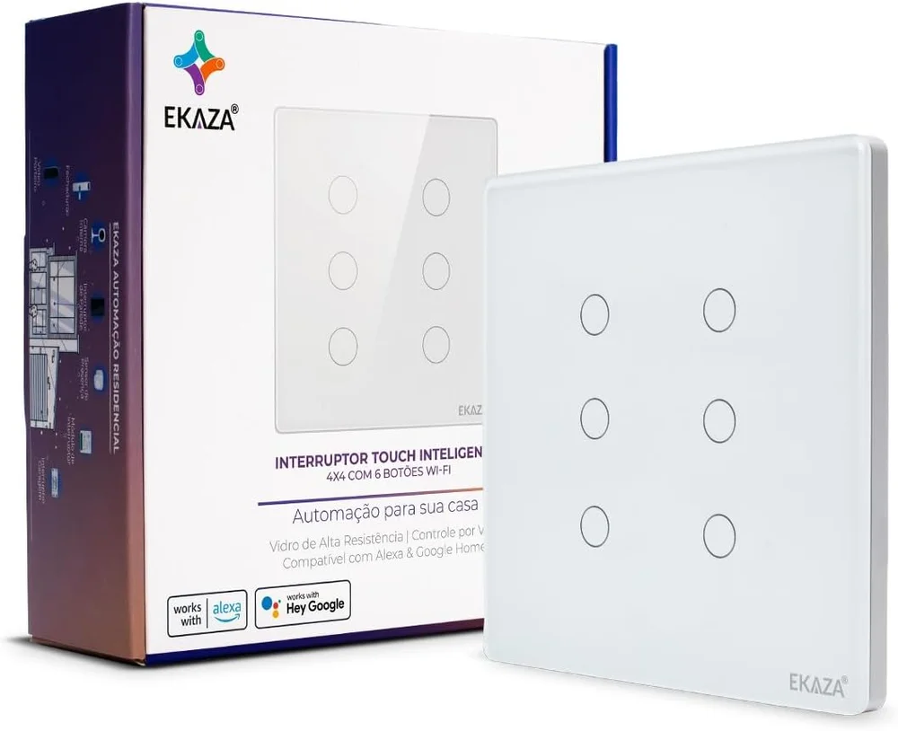 Interruptor Inteligente 6 Botões  4x4 Wifi Branco Compatível Google Home E Alexa Ekaza Ekat-t3074-6w