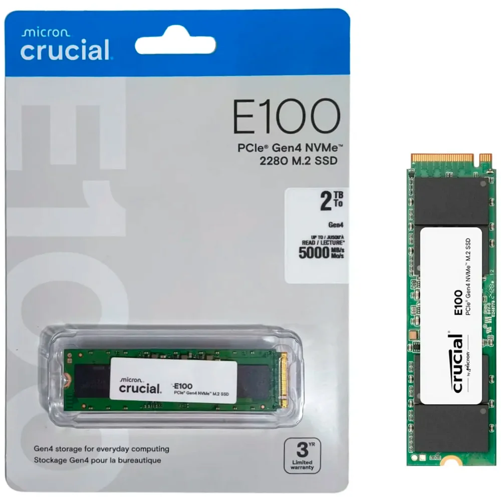SSD Crucial E100 2TB, M.2 Nvme, PCie Gen4, Leitura Até 5000mb/s E Gravação Até 4500mb/s - Ct2000e100ssd8 SSD Crucial E100 2TB, M.2 Nvme, PCie Gen4, Leitura Até 5000mb/s E Gravação Até 4500mb/s - Ct2000e100ssd8