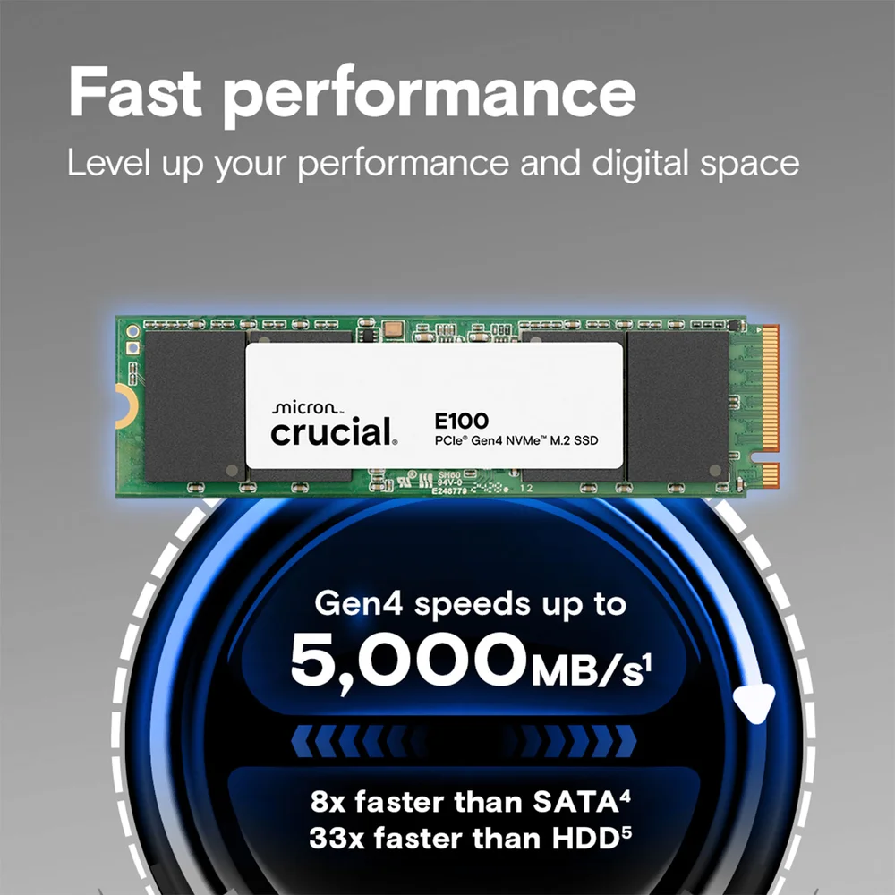 SSD Crucial E100 2TB, M.2 Nvme, PCie Gen4, Leitura Até 5000mb/s E Gravação Até 4500mb/s - Ct2000e100ssd8 SSD Crucial E100 2TB, M.2 Nvme, PCie Gen4, Leitura Até 5000mb/s E Gravação Até 4500mb/s - Ct2000e100ssd8