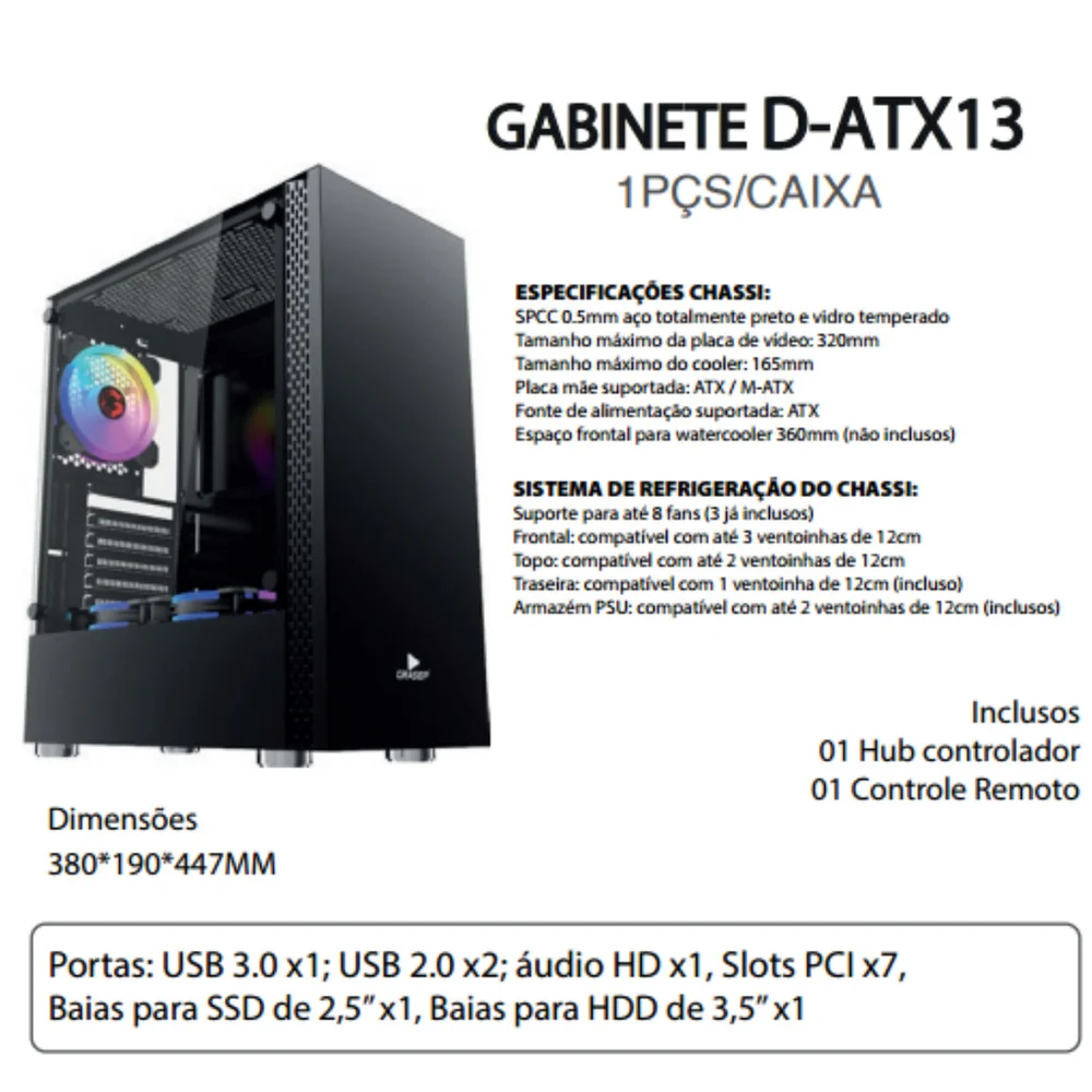 Imagem 2 de 4 do produto Gabinete PC Gamer RGB Vidro Temperado Atx M-atx Controle Remoto Suporte Watercooler 360mm D-atx13