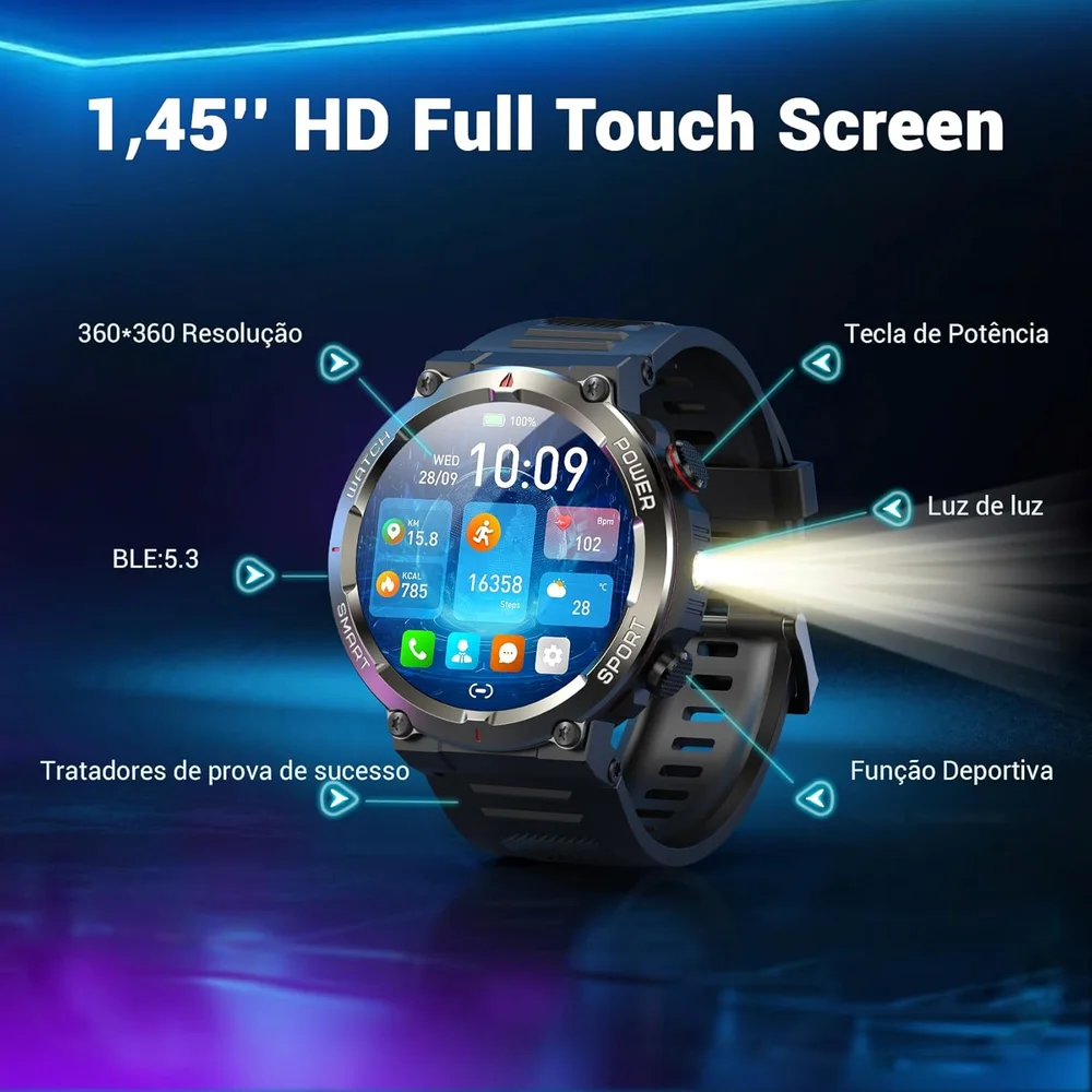 Smartwatch Militar Blackview Bateria 100 Dias, Lanterna LED, Bússola, 150+ Modos Esportivos, Ip68 7