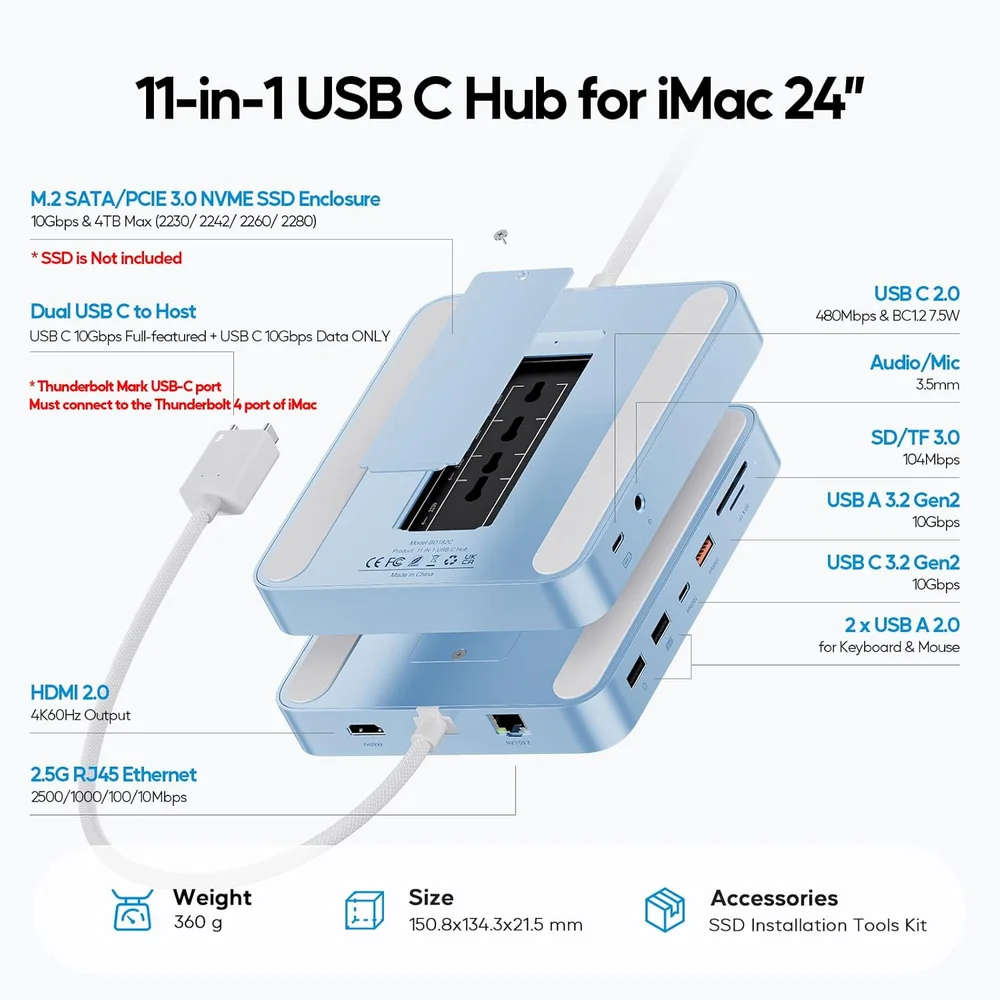 Imagem 4 de 5 do produto Dock Station Hub 11 Em 1 Para Imac 24 " 2021/2023/2024 - Azul