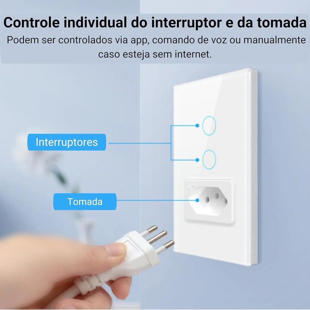 Imagem 3 de 5 do produto Interruptor Inteligente 2 Botões Touch C\ Tomada 20a Wi-fi Branco Google Home E Alexa Ekat-t218-2wb