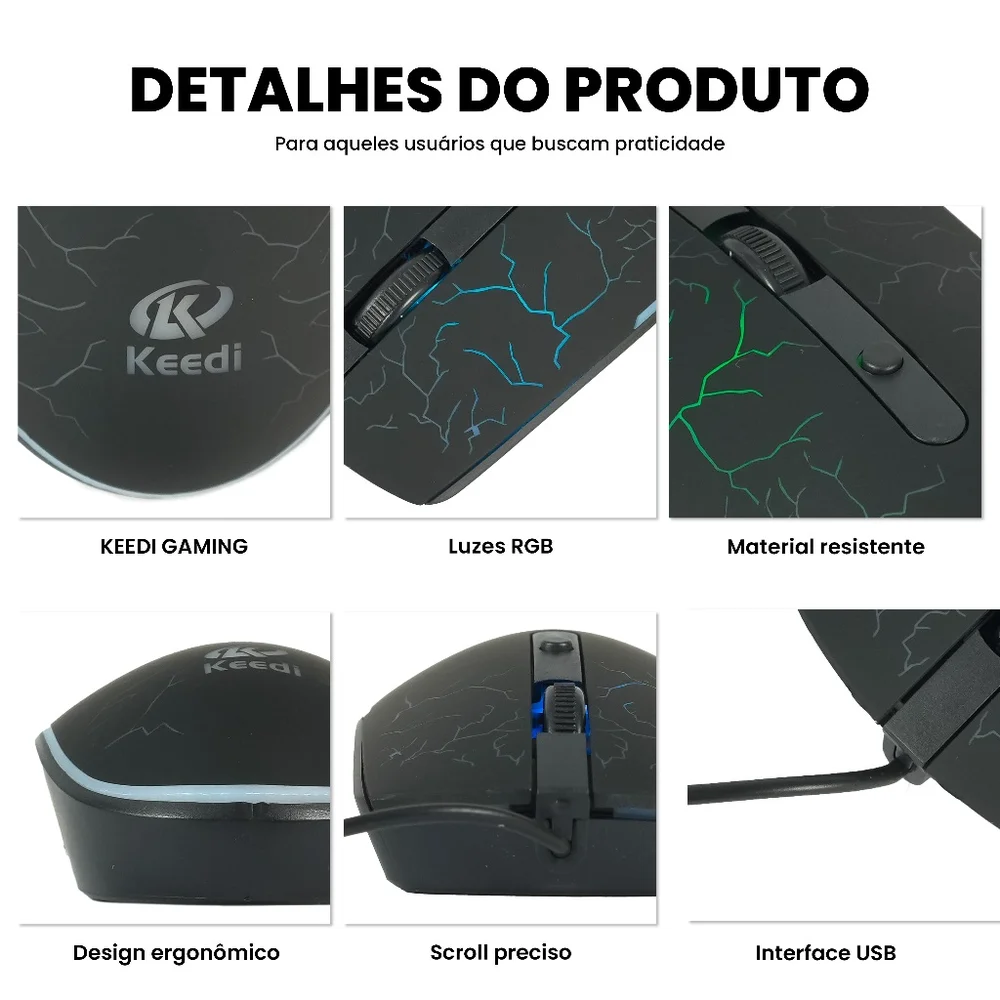 Mouse Gamer Ergonômico LED RGB Com Fio 1.35m Keedi Mou907