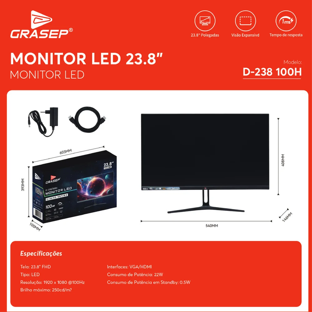 Monitor Gamer 23.8 " 100hz Full Hd 1ms LED Conexões HDMI Vga Imagens Nítidas D-238