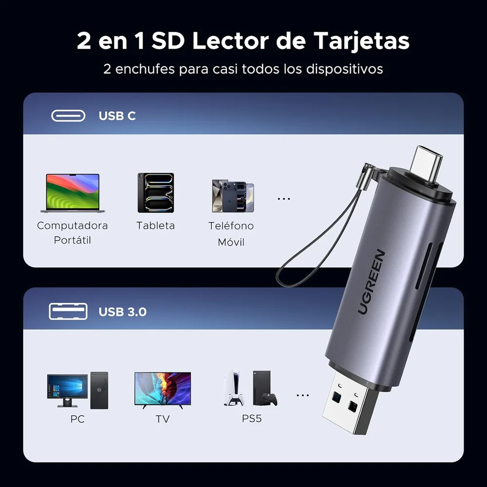 Imagem 3 de 5 do produto Ugreen Adaptador Leitor Cartão De Memória Micro Sd (2 Em 1) Usb C + Usb 3.0 Otg 5gbps Compatível WINDOWS, Mac, Os, Linux, Tab Galaxy, Iphone, Macbook,