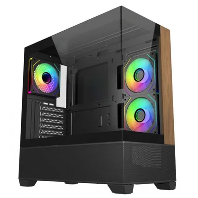 Gabinete Gamer Cooler Master Elite 690 Wood, Vidro Temperado, Mid Tower, Atx, Com 3 Fans, Preto, E690-khnn-s00