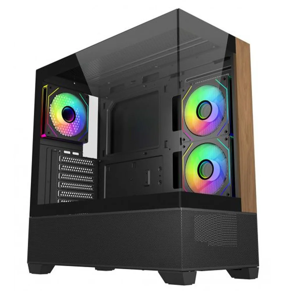 Gabinete Gamer Cooler Master Elite 690 Wood, Vidro Temperado, Mid Tower, Atx, Com 3 Fans, Preto, E690-khnn-s00