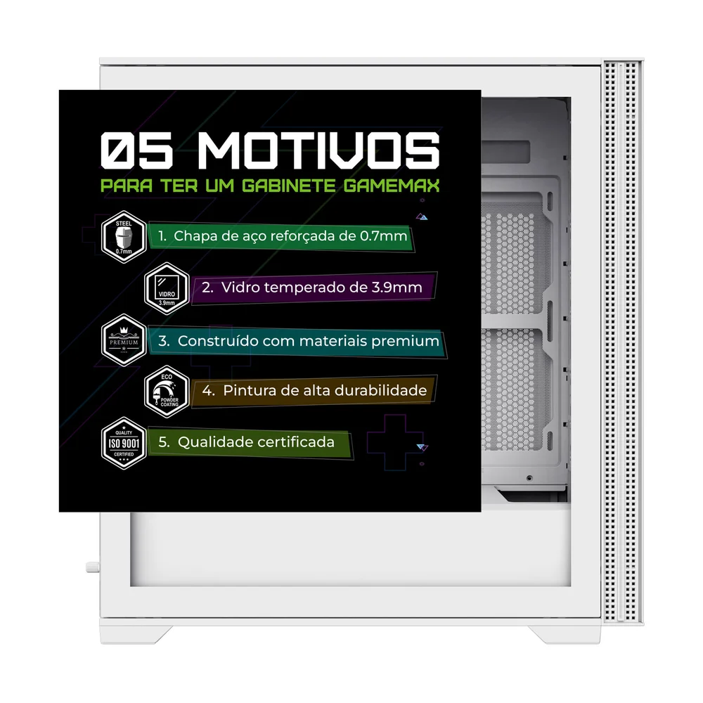 Imagem 3 de 5 do produto Gabinete Gamer Gamemax Quest Wh, E-atx, Vidro Temperado, 3 Fans