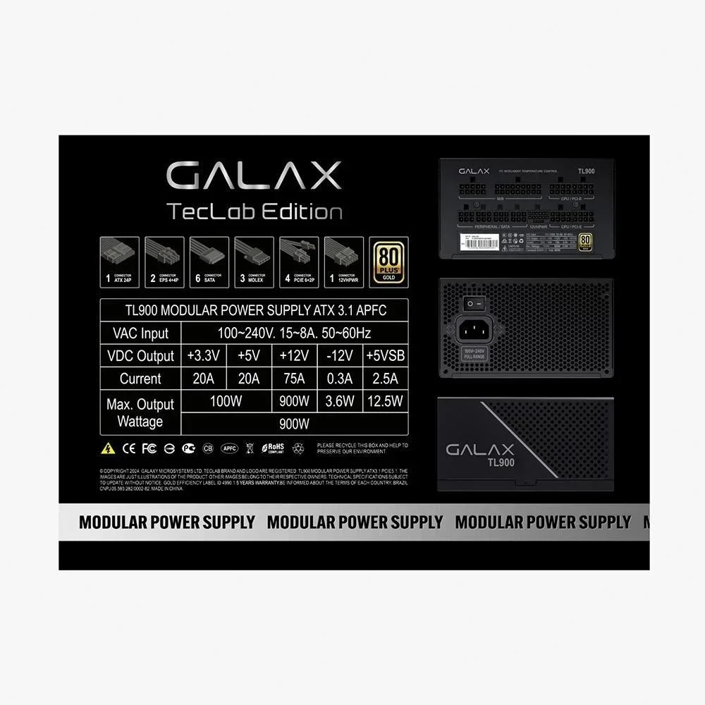 Imagem 2 de 5 do produto Fonte Atx Galax Teclab Edition, Tl 900w, 80 Plus Gold, Atx 3.1, Full Modular