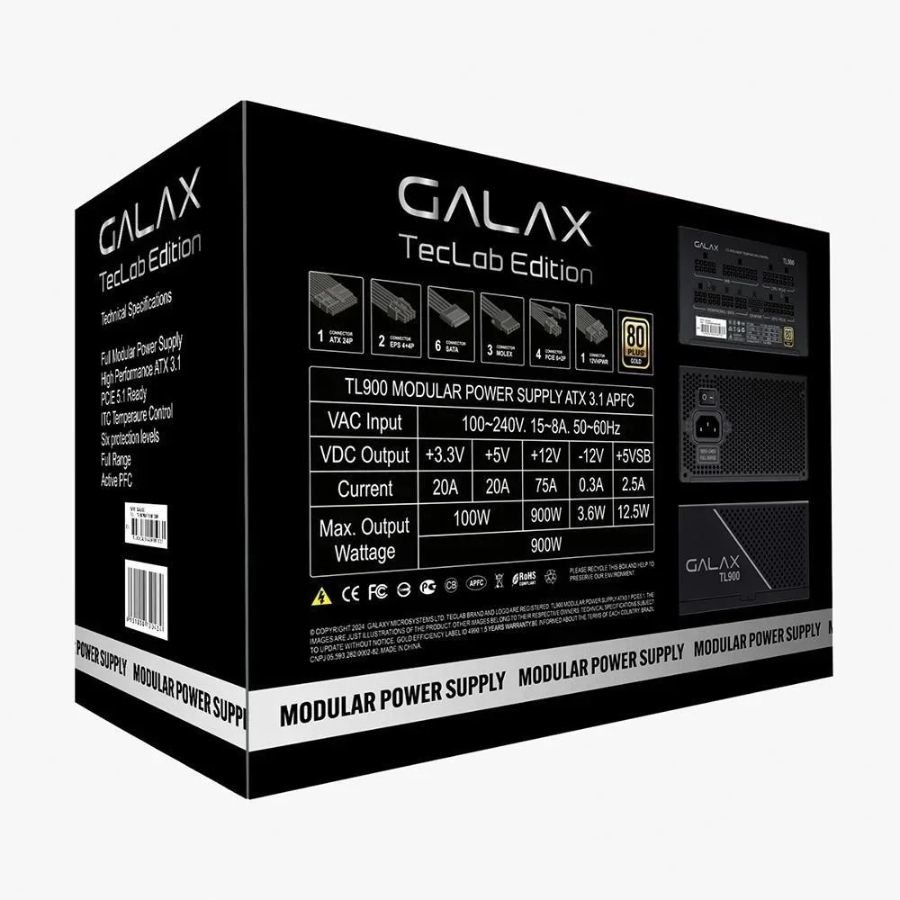 Imagem 5 de 5 do produto Fonte Atx Galax Teclab Edition, Tl 900w, 80 Plus Gold, Atx 3.1, Full Modular