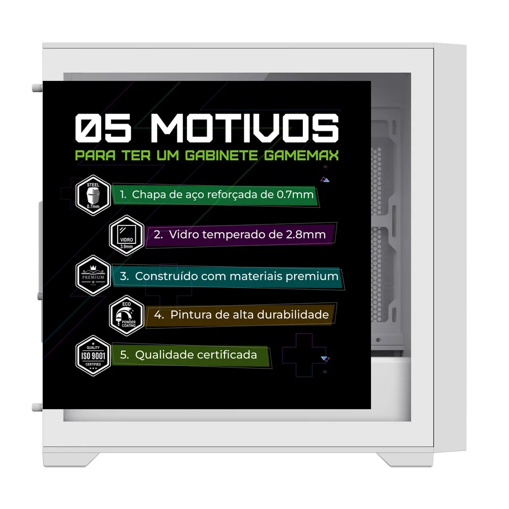 Imagem 3 de 5 do produto Gabinete Gamer Gamemax Defender Mb Wh, M-atx, Vidro Temperado, 3 Fans