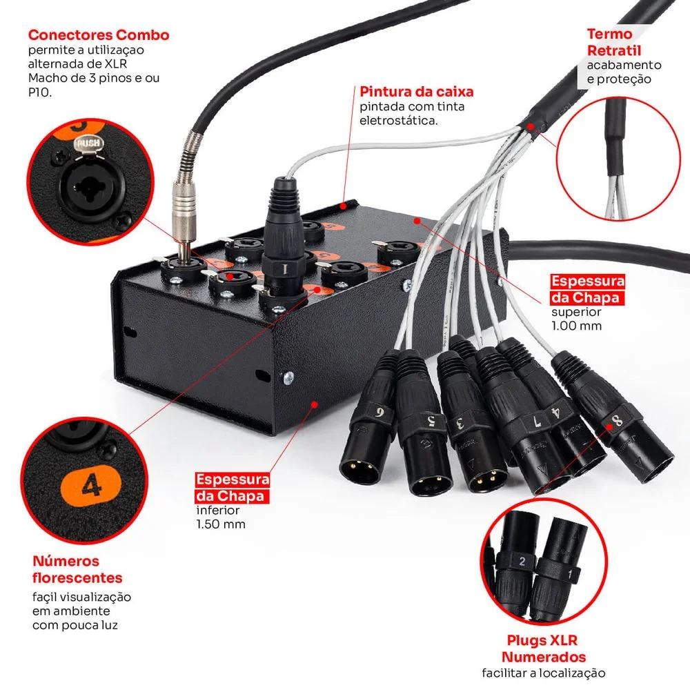 Imagem 5 de 5 do produto Medusa Kit 8 Vias Profissional Com Conectores Xlr Anilhados 9 Metros Unica 9 Mt