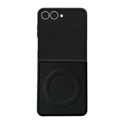 Capa Protetora para o Samsung Z Flip 7 com Carregamento Magnético em Fibra de Carbono - Compatível com Magsafe Cor: Preto