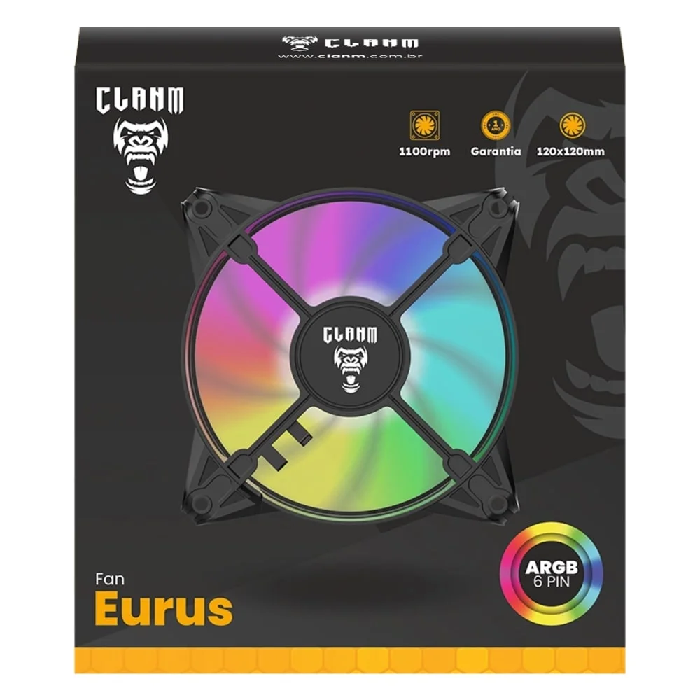Kit 7 Cooler Fan ARGB Ventoinha Para Gabinete Eurus 6pin 12v Preto PC Clanm Gamer 5