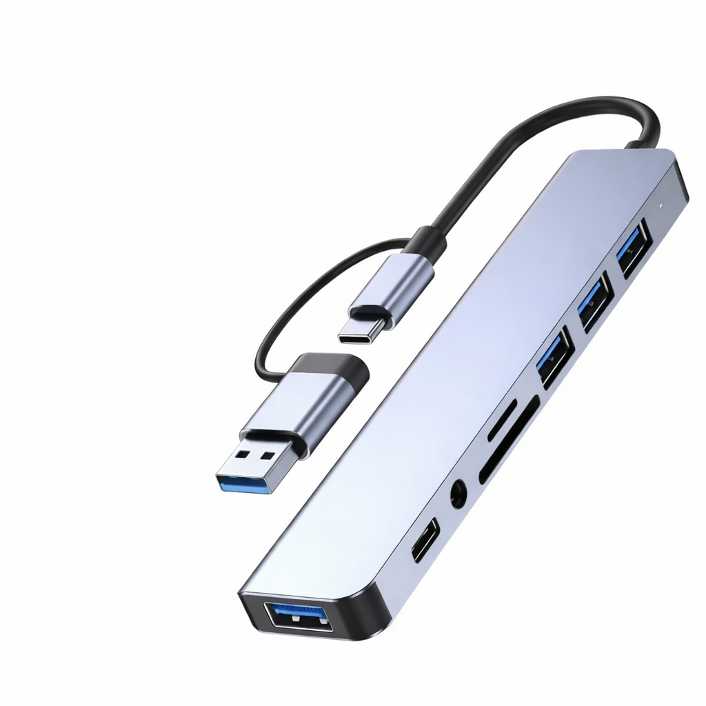 hub usb-c 8 em 1 tipo-c com usb 3.0, leitor cartao áudio p2 e carregamento notebook pc