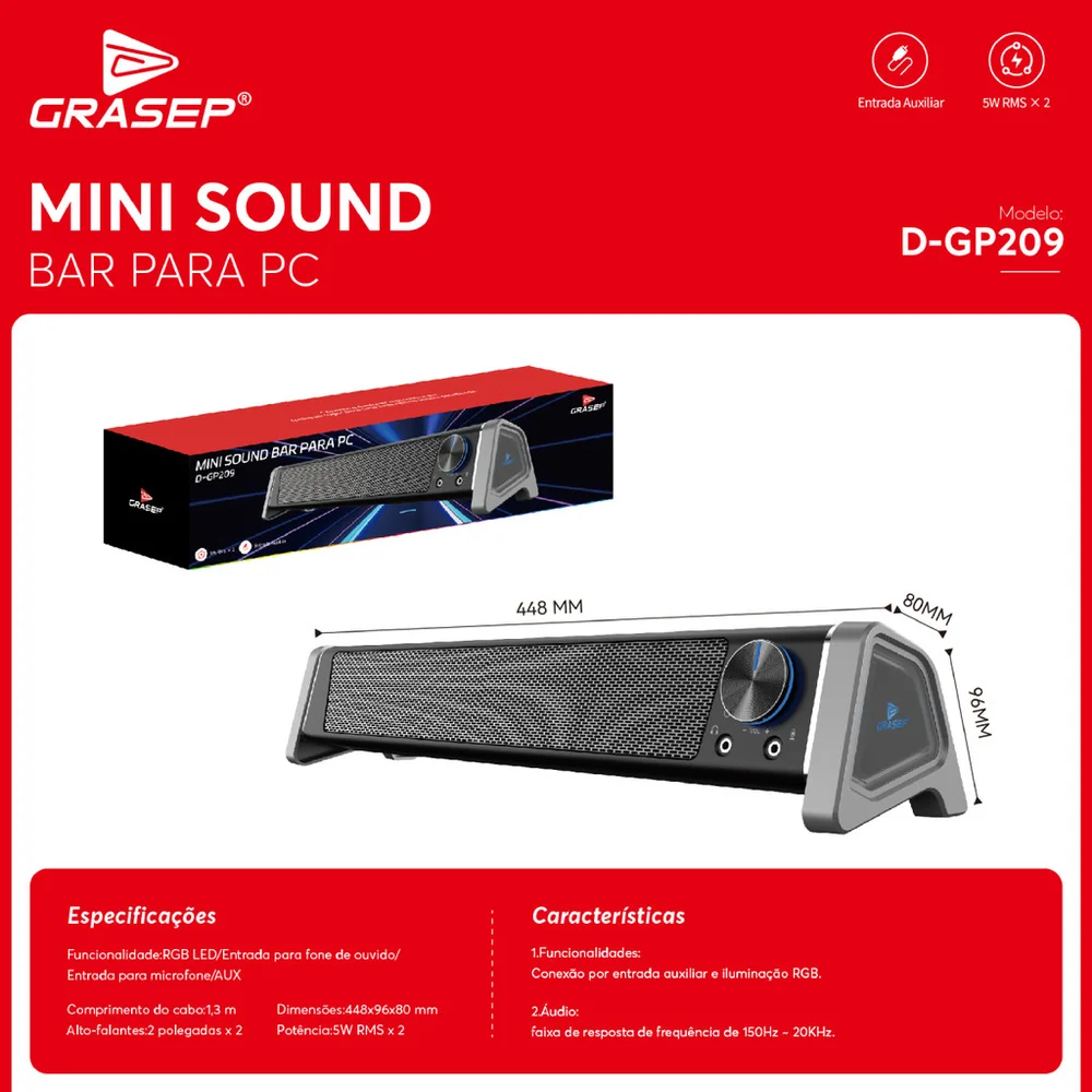 Imagem 2 de 5 do produto Sound Bar Usb Para PC E Notebook 10w Rms Com RGB E Entrada Aux 3,5mm Caixa De Som