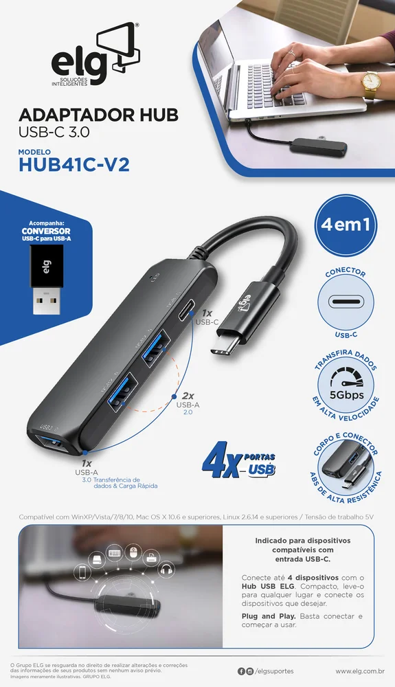 Imagem 5 de 5 do produto Adaptador Hub Usb-c 3.0, Expansão Com 4 Portas (usb-c + 3x Usb-a), Transferência 5gbps, Preto, Hub41c-v2, Elg