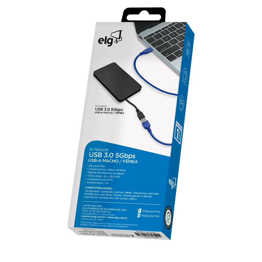 Imagem 5 de 5 do produto Cabo Extensor Usb, Transferência De Dados 5gbps, Usb 3.0, Plug And Play, 1 Metro, Usbext1, Elg