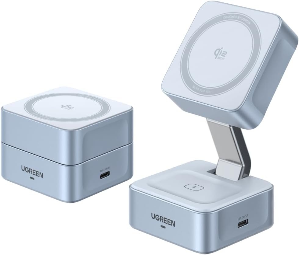 Carregador Sem Fio Magnético Por Indução Dobrável Ugreen Qi2, 25w Magsafe (2 Em 1) Estação De Carregamento Ângulo Ajustável, Compatível Iphone 17