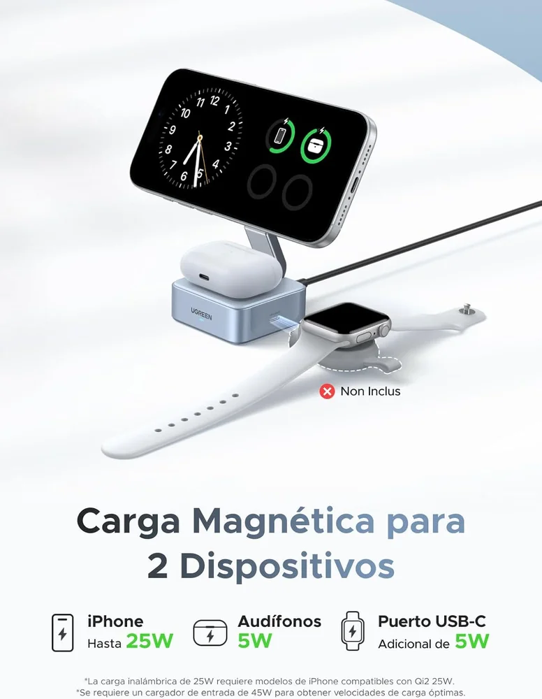 Imagem 4 de 5 do produto Carregador Sem Fio Magnético Por Indução Dobrável Ugreen Qi2, 25w Magsafe (2 Em 1) Estação De Carregamento Ângulo Ajustável, Compatível Iphone 17