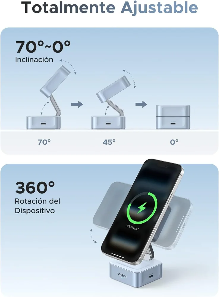 Imagem 5 de 5 do produto Carregador Sem Fio Magnético Por Indução Dobrável Ugreen Qi2, 25w Magsafe (2 Em 1) Estação De Carregamento Ângulo Ajustável, Compatível Iphone 17