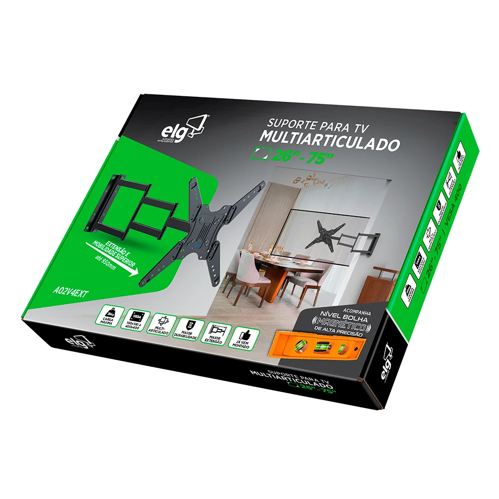 Imagem 5 de 5 do produto Suporte Articulado Para Tv, 26" A 75", Inclinação, Ajuste De Nível, Suporte Até 35kg, Preto, A02v4ext, Elg