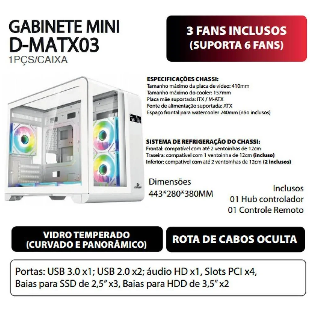 Imagem 5 de 5 do produto Gabinete Gamer Mini Tower Vidro Temperado Curvado White M-atx/itx Sem Fonte Com 3 Fans RGB Mini D-matx03