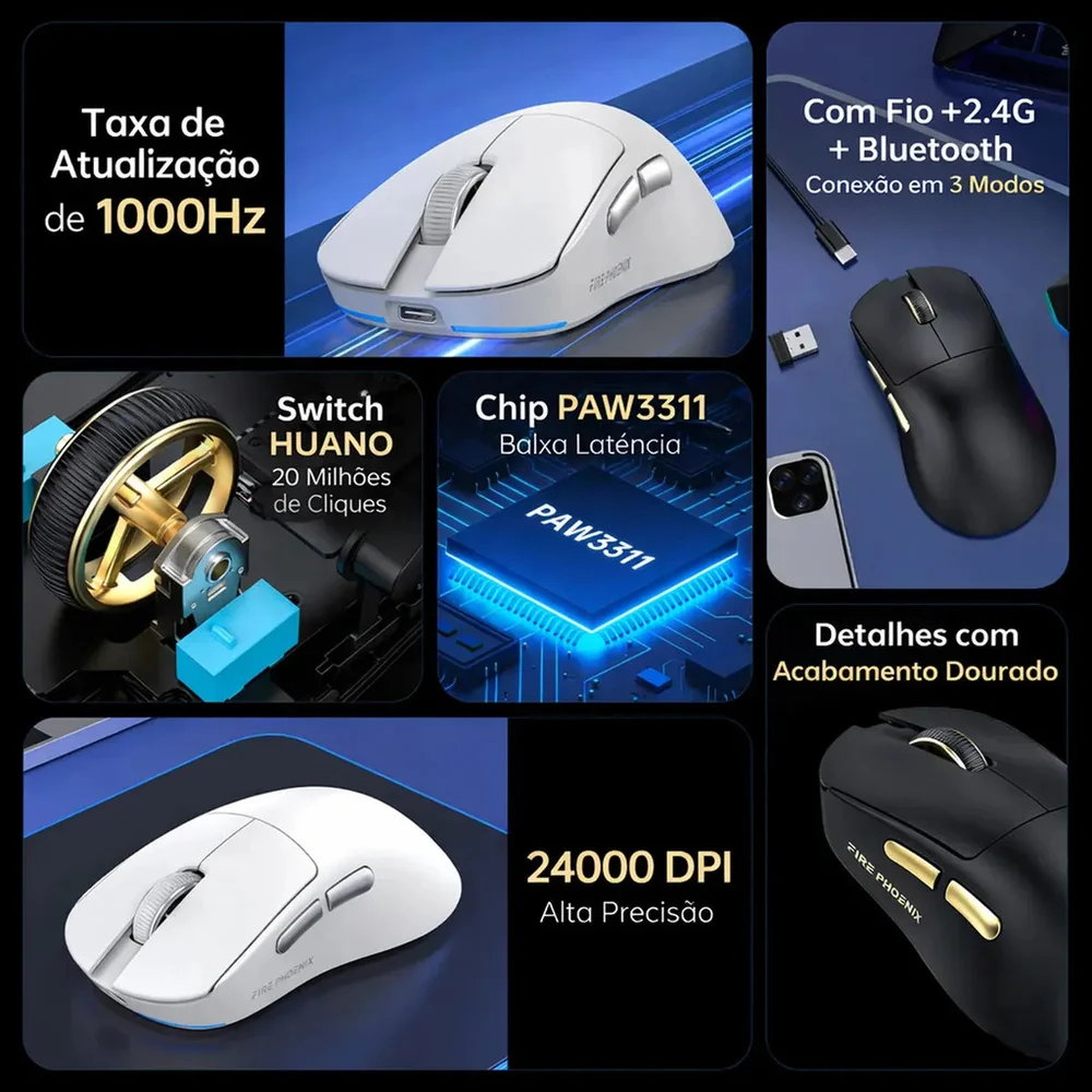 Imagem 4 de 5 do produto Mouse Gamer Sem Fio Bluetooth Paw3311 24000 Dpi Fire Phoenix Bk-r3x Pro Preto