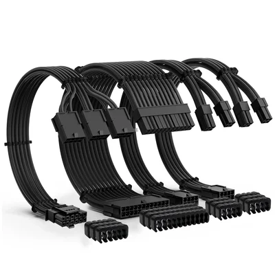 Kit 4 Cabo Sleeved Extensor de Fonte, PCI-e 5.0 para GPU 16 Pinos 12VHPWR, 300mm, Preto, Compatível com ATX 24 Pinos, EPS 8 Pinos (4+4)
