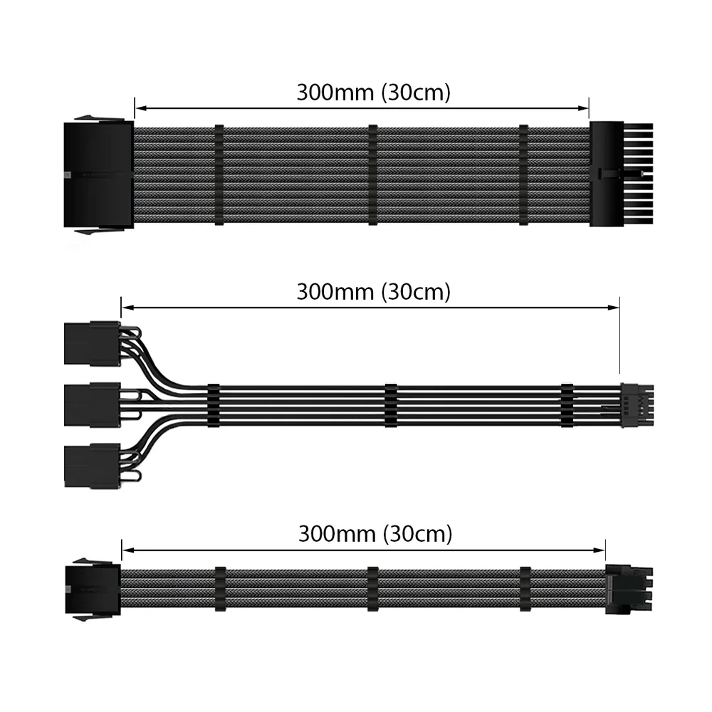 Imagem 2 de 5 do produto Kit 4 Cabo Sleeved Extensor de Fonte, PCI-e 5.0 para GPU 16 Pinos 12VHPWR, 300mm, Preto, Compatível com ATX 24 Pinos, EPS 8 Pinos (4+4)