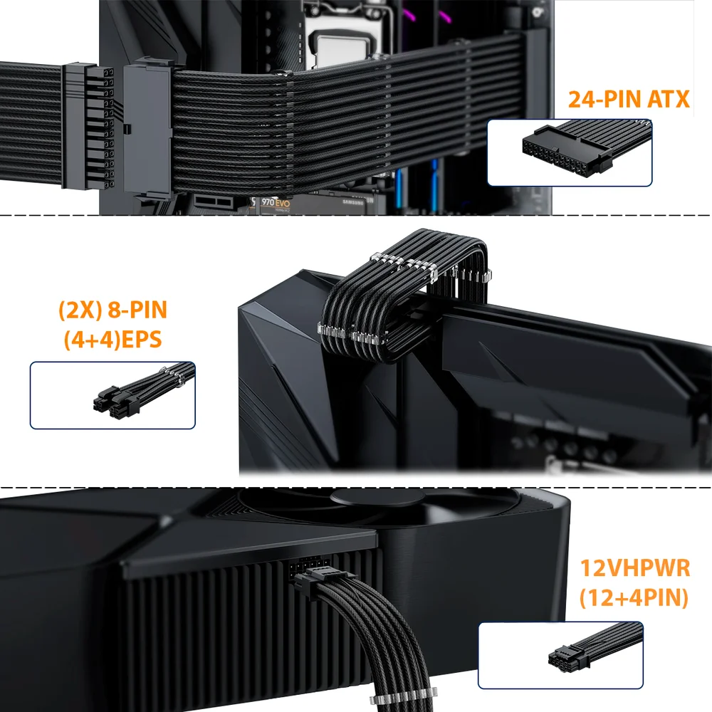 Imagem 3 de 5 do produto Kit 4 Cabo Sleeved Extensor de Fonte, PCI-e 5.0 para GPU 16 Pinos 12VHPWR, 300mm, Preto, Compatível com ATX 24 Pinos, EPS 8 Pinos (4+4)