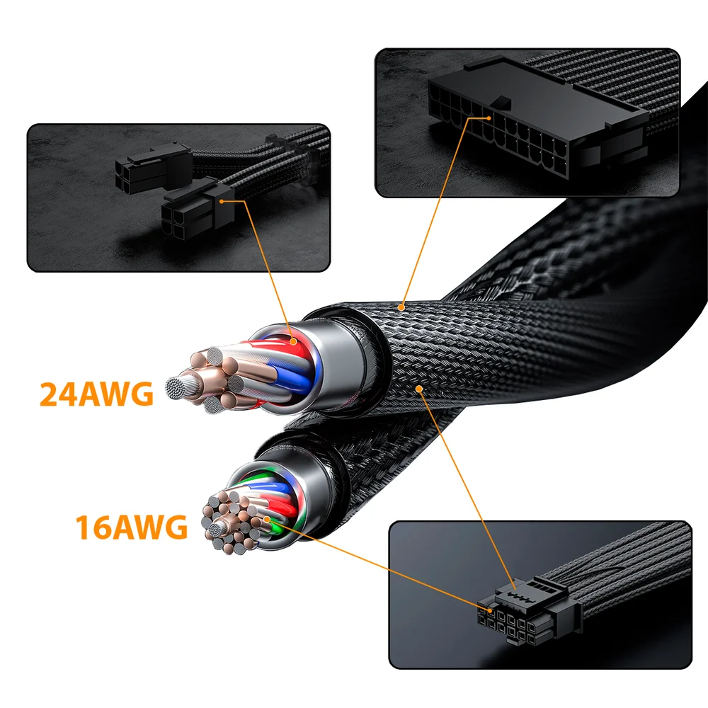 Imagem 5 de 5 do produto Kit 4 Cabo Sleeved Extensor de Fonte, PCI-e 5.0 para GPU 16 Pinos 12VHPWR, 300mm, Preto, Compatível com ATX 24 Pinos, EPS 8 Pinos (4+4)