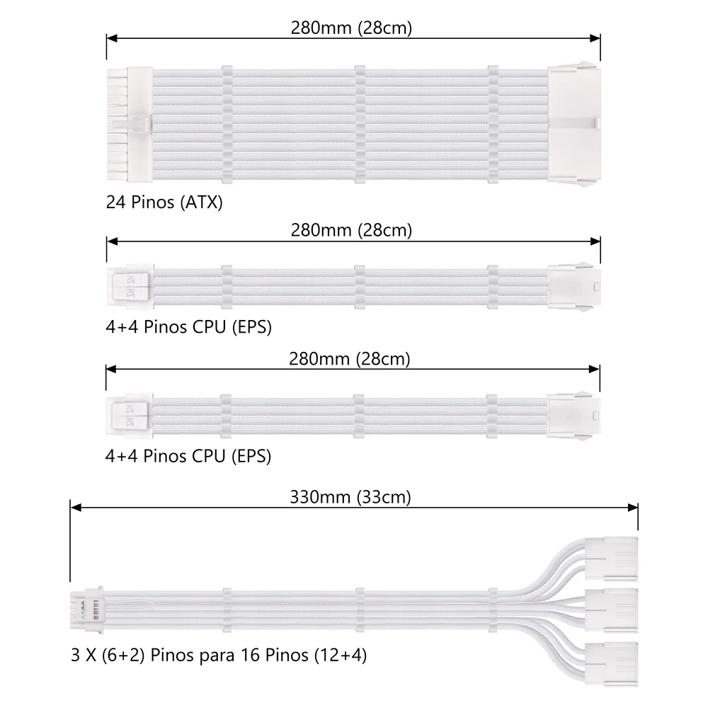 Imagem 2 de 5 do produto Kit 4 Cabo Sleeved Extensor Fonte, PCI-e 5.0 para GPU 16 Pinos 12VHPWR, 300mm, Full White, Compatível com ATX 24 Pinos, EPS 8 Pinos (4+4)