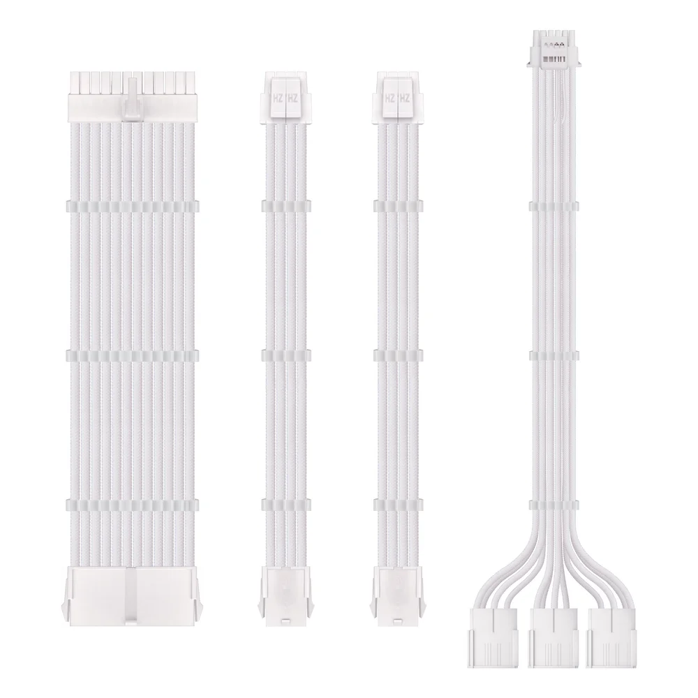 Imagem 3 de 5 do produto Kit 4 Cabo Sleeved Extensor Fonte, PCI-e 5.0 para GPU 16 Pinos 12VHPWR, 300mm, Full White, Compatível com ATX 24 Pinos, EPS 8 Pinos (4+4)