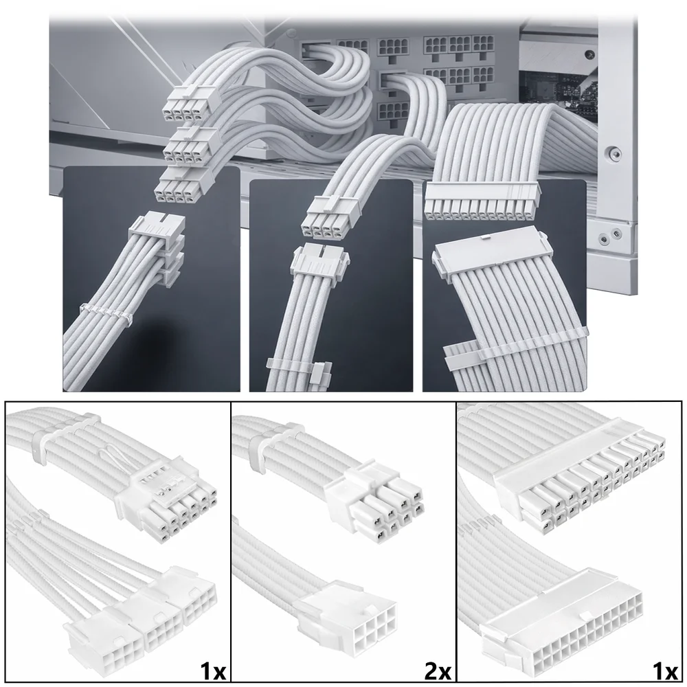 Imagem 4 de 5 do produto Kit 4 Cabo Sleeved Extensor Fonte, PCI-e 5.0 para GPU 16 Pinos 12VHPWR, 300mm, Full White, Compatível com ATX 24 Pinos, EPS 8 Pinos (4+4)