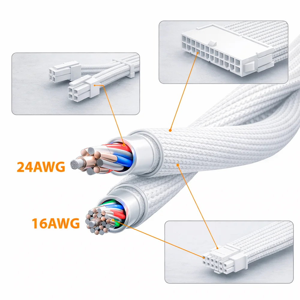 Imagem 5 de 5 do produto Kit 4 Cabo Sleeved Extensor Fonte, PCI-e 5.0 para GPU 16 Pinos 12VHPWR, 300mm, Full White, Compatível com ATX 24 Pinos, EPS 8 Pinos (4+4)