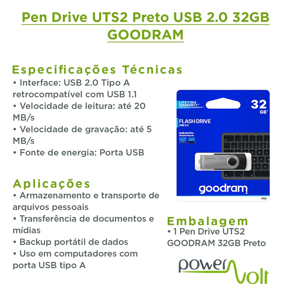 Imagem 3 de 4 do produto Pen Drive Uts2 Preto Usb 2.0 32gb Goodram